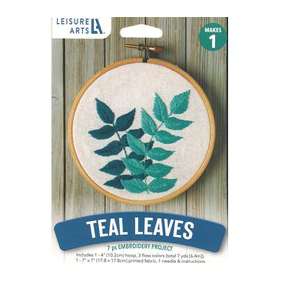 Leisure Arts Mini Maker Kit Embroidery Teal Leaves 4-In
